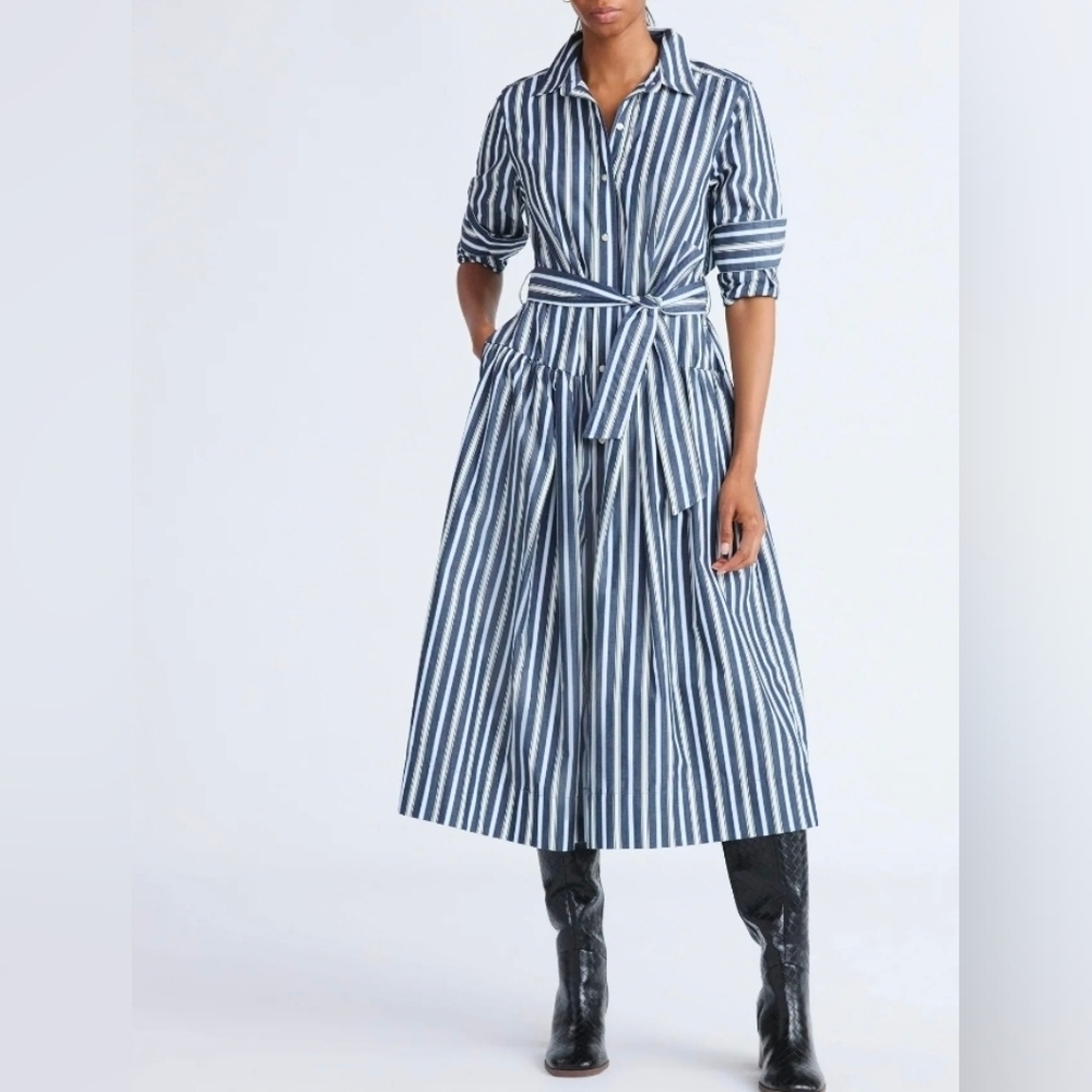 Free Assembly Belted Cotton Maxi Shirt Dress Blue Stripe Long Sleeve SZ Xs